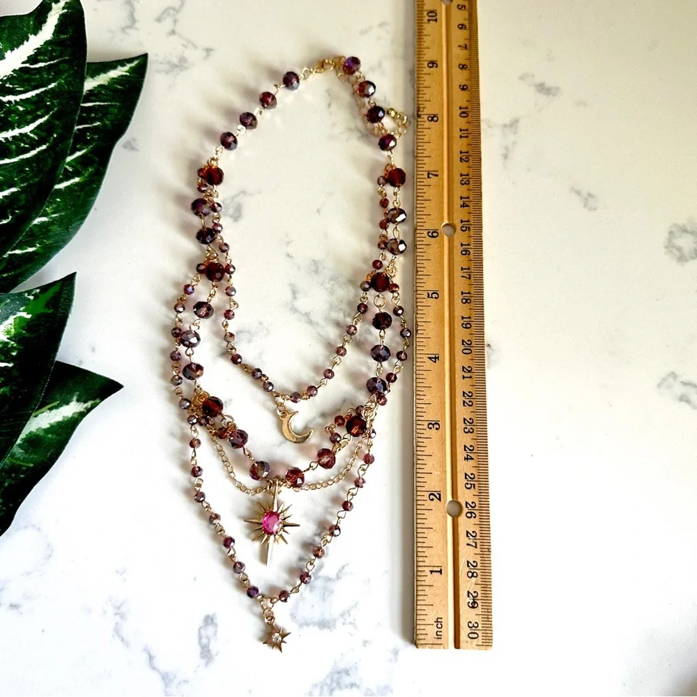 Celestial Layered Choker Necklace Star Moon Pink Purple Gold Tone Vtg Style NEW